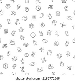 Seamless pattern in doodle style, black business icons on a white background which depicts an envelope, a gear, a light bulb. stopwatch, scissors, calculator, vector flat abstract illustration.