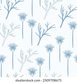 Seamless pattern in doodle style in blue and white shades with various floral elements