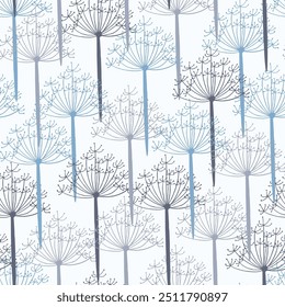 Seamless pattern in doodle style in blue and white shades with various floral elements