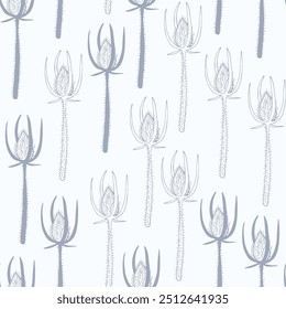 Seamless pattern in doodle style in blue and white shades with various floral elements