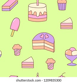 Seamless pattern in doodle style with cakes, muffins and ice creams. Vector illustration