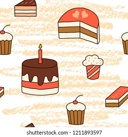Seamless pattern in doodle style with cakes, muffins. Vector illustration