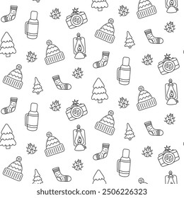 Seamless pattern doodle style with camera, Christmas tree and hat. Black and white line art. Hand drawn. For textiles, clothes, backgrounds, postcards. Travel and camping concept. Vector illustration.