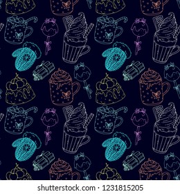 Seamless pattern in doodle style in a christmas theme, mittens, desserts, drinks, cute hand drawn doodle.