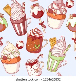 Seamless pattern in doodle style in a christmas theme, mittens, desserts, drinks, cute hand drawn doodle.