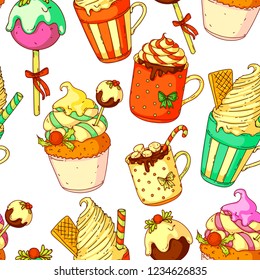 Seamless pattern in doodle style in a christmas theme, mittens, desserts, drinks, cute hand drawn doodle.
