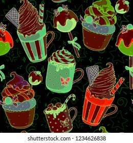 Seamless pattern in doodle style in a christmas theme, mittens, desserts, drinks, cute hand drawn doodle.