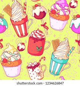 Seamless pattern in doodle style in a christmas theme, mittens, desserts, drinks, cute hand drawn doodle.