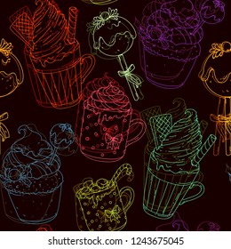 Seamless pattern in doodle style in a christmas theme, mittens, desserts, drinks, cute hand drawn doodle.