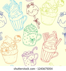 Seamless pattern in doodle style in a christmas theme, mittens, desserts, drinks, cute hand drawn doodle.