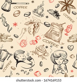 Seamless pattern doodle style coffee theme. Vector drawing coffee icons and people dinking coffee isolated on beige background. Coffee illustration elements. Food and drink concept. Stock illustration