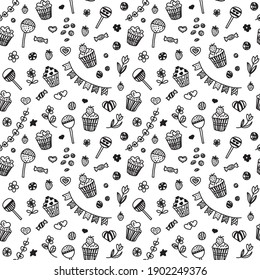 Seamless pattern in doodle style with cupcakes, sweets on a white background.