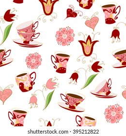 Seamless pattern in Doodle style with cups, flowers and hearts. Cup with a drink (tea, coffee), flowers and hearts.