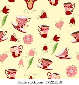 Seamless pattern in Doodle style with cups, flowers and hearts. Cup with a drink (tea, coffee), flowers and hearts.