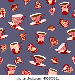Seamless pattern in Doodle style with cups and hearts. Cup with a drink (tea, coffee) and hearts.