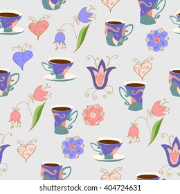 Seamless pattern in Doodle style with cups, flowers and hearts. Cup with a drink (tea, coffee), flowers and hearts.