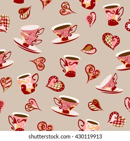 Seamless pattern in Doodle style with cups and hearts. Cup with a drink (tea, coffee) and hearts.