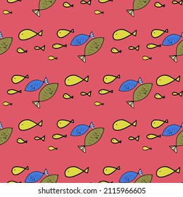 Seamless pattern doodle style, cute group of fishes swimming in the water 