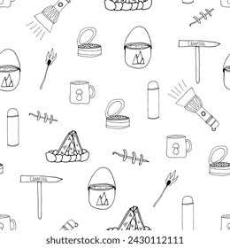 Seamless pattern in doodle style with elements of camping kitchen. Cooking on nature, fishing, hunting. Texture on changeable white background. Black hand drawn linear elements.