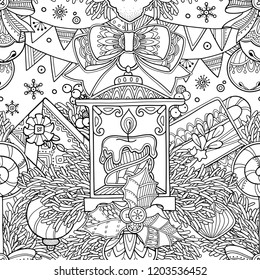 Seamless pattern in doodle style. Floral, ornate, decorative, tribal, Christmas decor. Black and white background. Christmas presents, stars. Zentangle hand drawn coloring book page