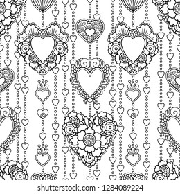 Seamless pattern in doodle style. Floral, ornate, decorative, tribal, Valentines decor. Black and white background. Love decorations, hearts. Zentangle hand drawn coloring book page