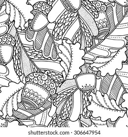 Seamless pattern in doodle style. Floral, ornate, decorative, tribal  vector design elements. Black and white monochrome background. Oak leaves and acorns. Zentangle hand drawn coloring book page