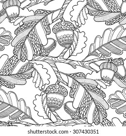 Seamless pattern in doodle style. Floral, ornate, decorative, tribal vector design elements. Black and white monochrome background. Oak leaves and acorns. Zentangle hand drawn coloring book page