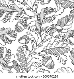 Seamless pattern in doodle style. Floral, ornate, decorative, tribal vector design elements. Black and white monochrome background. Oak leaves and acorns. Zentangle hand drawn coloring book page