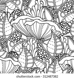 Seamless pattern in doodle style. Floral, ornate, decorative, forest vector design elements. Black and white background. Leaves, moss, chanterelle mushroom. Zentangle hand drawn coloring book page