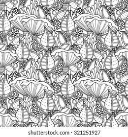 Seamless pattern in doodle style. Floral, ornate, decorative, forest vector design elements. Black and white background. Leaves, moss, chanterelle mushroom. Zentangle hand drawn coloring book page