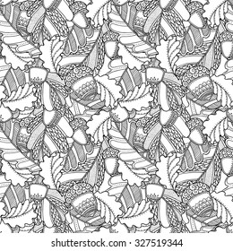 Seamless pattern in doodle style. Floral, ornate, decorative, tribal vector design elements. Black and white monochrome background. Oak leaves and acorns. Zentangle hand drawn coloring book page