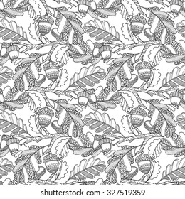 Seamless pattern in doodle style. Floral, ornate, decorative, tribal vector design elements. Black and white monochrome background. Oak leaves and acorns. Zentangle hand drawn coloring book page