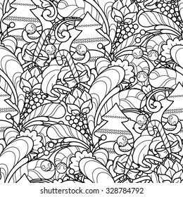 Seamless pattern in doodle style. Floral, ornate, decorative, tribal, Christmas design elements. Black and white background. Christmas tree, candy. Zentangle hand drawn coloring book page