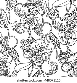 Seamless pattern in doodle style. Floral, ornate, decorative, vector design elements. Black and white monochrome background. Branches, leaves, berries, flowers, cherry. Zentangle coloring book page