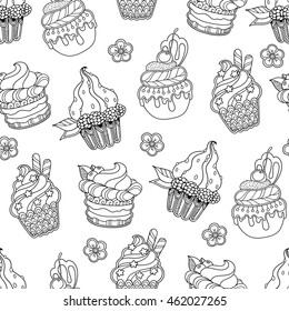 Patrón sin problemas en estilo doodle. Floral, ornamentado, decorativo, dulces, elementos de diseño de postres. Fondo blanco y negro. Pastel de dulces. Página del libro de colorear Zentangle
