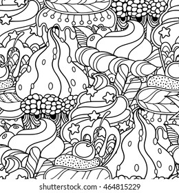 Seamless pattern in doodle style. Floral, ornate, decorative, sweets, dessert design elements. Black and white background. Cupcakes cake candy. Zentangle coloring book page