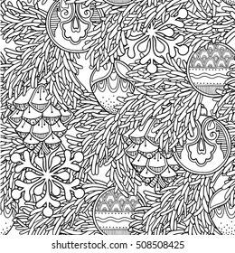 Seamless pattern in doodle style. Floral, ornate, decorative, tribal, Christmas decor. Black and white background. Christmas tree, pine cone, snowflake. Zentangle hand drawn coloring book page