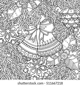 Seamless pattern in doodle style. Floral, ornate, decorative, tribal, Christmas decor. Black and white background. Christmas tree, pine cone, bells. Zentangle hand drawn coloring book page