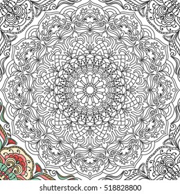 Seamless pattern in doodle style with floral mandala  Coloring book page. Anti-stress therapy pattern. Vector abstract round floral ornament in black and white