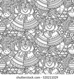 Seamless pattern in doodle style. Floral, ornate, decorative, tribal, Christmas decor. Black and white background. Christmas tree, pine cone, bells. Zentangle hand drawn coloring book page