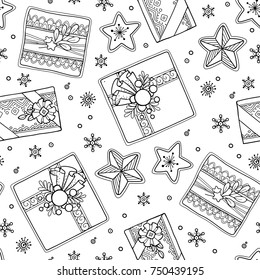 Seamless pattern in doodle style. Floral, ornate, decorative, tribal, Christmas decor. Black and white background. Christmas presents, stars. Zentangle hand drawn coloring book page