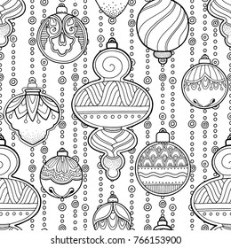 Seamless pattern in doodle style. Floral, ornate, decorative, tribal, Christmas decor. Black and white background. Christmas decorations, balls, baubles. Zentangle hand drawn coloring book page