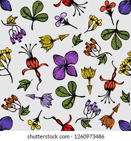 Seamless pattern in doodle style with flowers and leaves for design. Small colorful multicolor flowers. White background. Modern floral background. Vector fashion print.