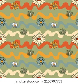 Seamless pattern with doodle style flowers. Hippie print concept. Vector illustration for textiles, covers, clothing