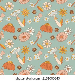 Seamless pattern with doodle style flowers and mushrooms. Hippie print concept. Vector illustration for textiles, covers, clothing