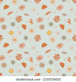 Seamless pattern with doodle style flowers. Hippie print concept. Vector illustration for textiles, covers, clothing