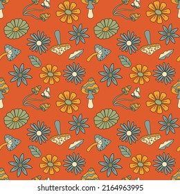 Seamless pattern with doodle style flowers and mushrooms. Hippie print concept. Vector illustration for textiles, covers, clothing