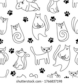 Seamless pattern in doodle style with funny cats in different poses. Monochrome vector drawing by hands. Wallpaper, textile printing, wrapping paper, page fill, cover, web, packaging.