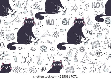 Seamless pattern in doodle style with funny cat for school subject chemistry. Background for educational stationery and textiles. Back to school