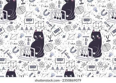 Seamless pattern in doodle style with funny cat for physics school subject. Background for educational stationery and textiles. Back to school